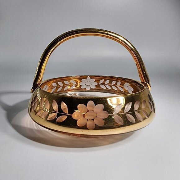 Bohemian Art Brown Glass Handled Basket VTG Gold Gilt Flower Petal Etched Design - Picture 1 of 12